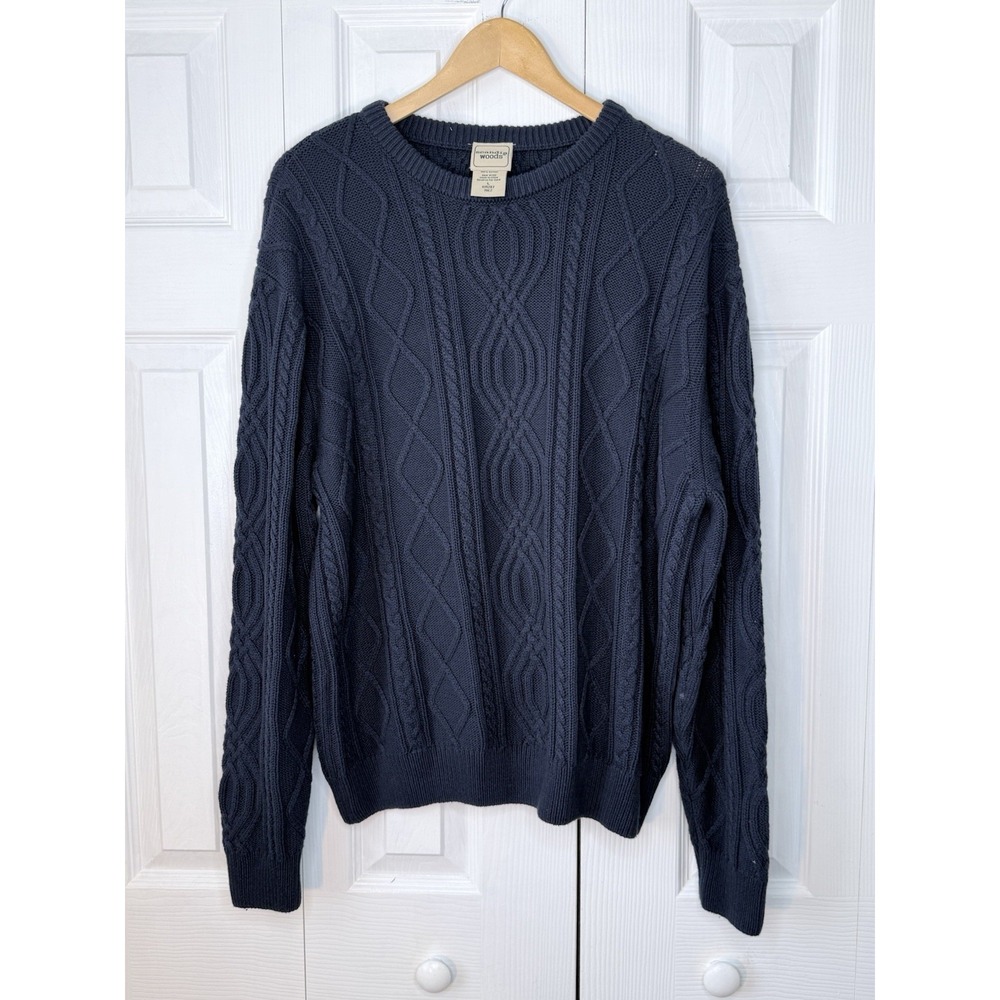 SCANDIA WOODS Men's Blue Cable Knit‎ Cotton Crew Sweater Pullover - LARGE